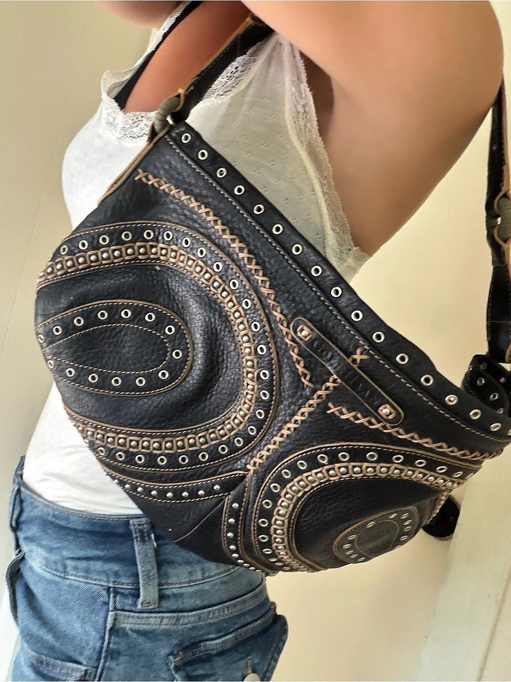 Cole Haan Studded Leather Shoulder Bag in chocolate brown indie boho Y2K